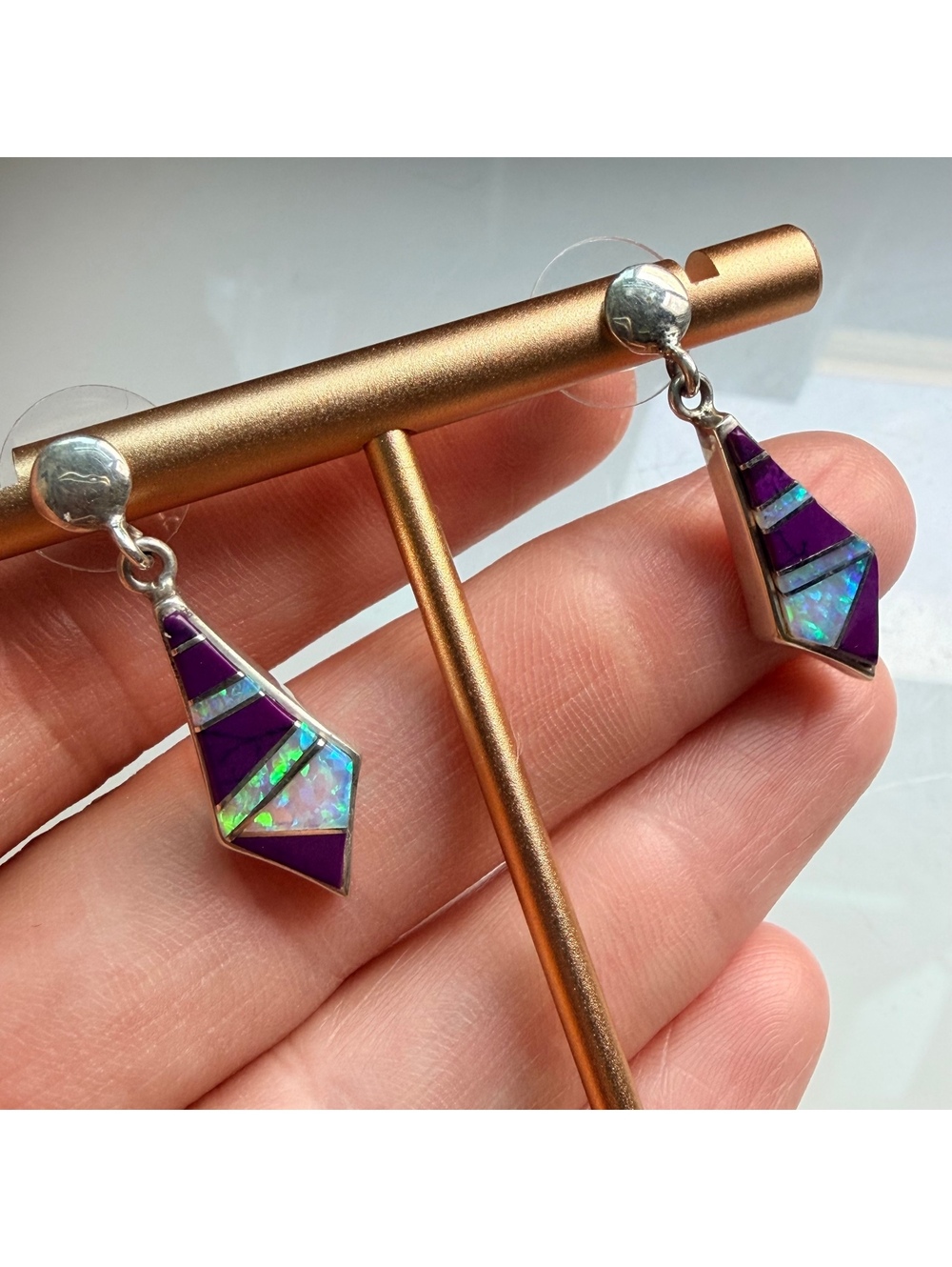 VTG 925 Sterling Sugilite Opal Zuni Style Inlay Earrings - Picture 2 of 6